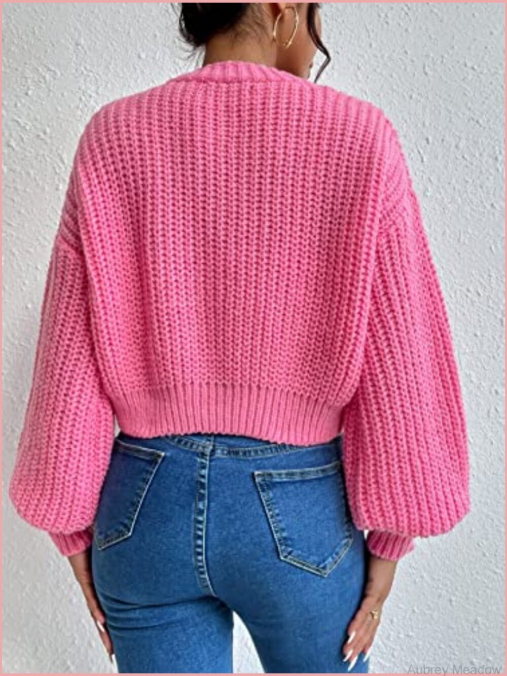 Chunky Crop Cardigan Sweater Button Up Cable Knit Lantern Sleeve - Picture 2 of 7